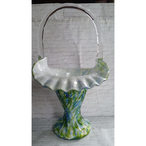 Vintage Fenton Adventurine Glass Basket: Blue, Green, & White Swirl - Picture 1 of 5